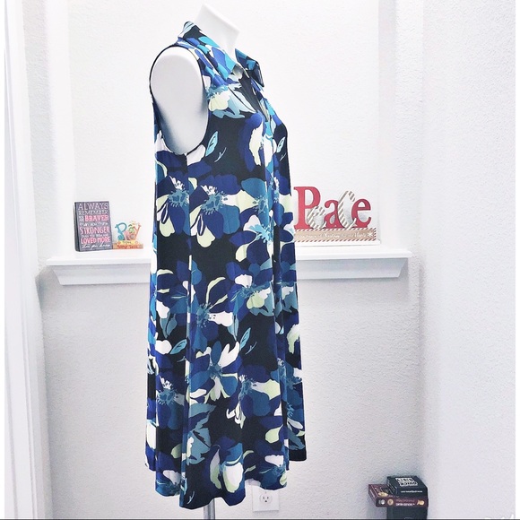 Nine West Shirt Dress Printed Trapeze Mini, Blue Black Multi Size 14 NEW - Picture 4 of 11